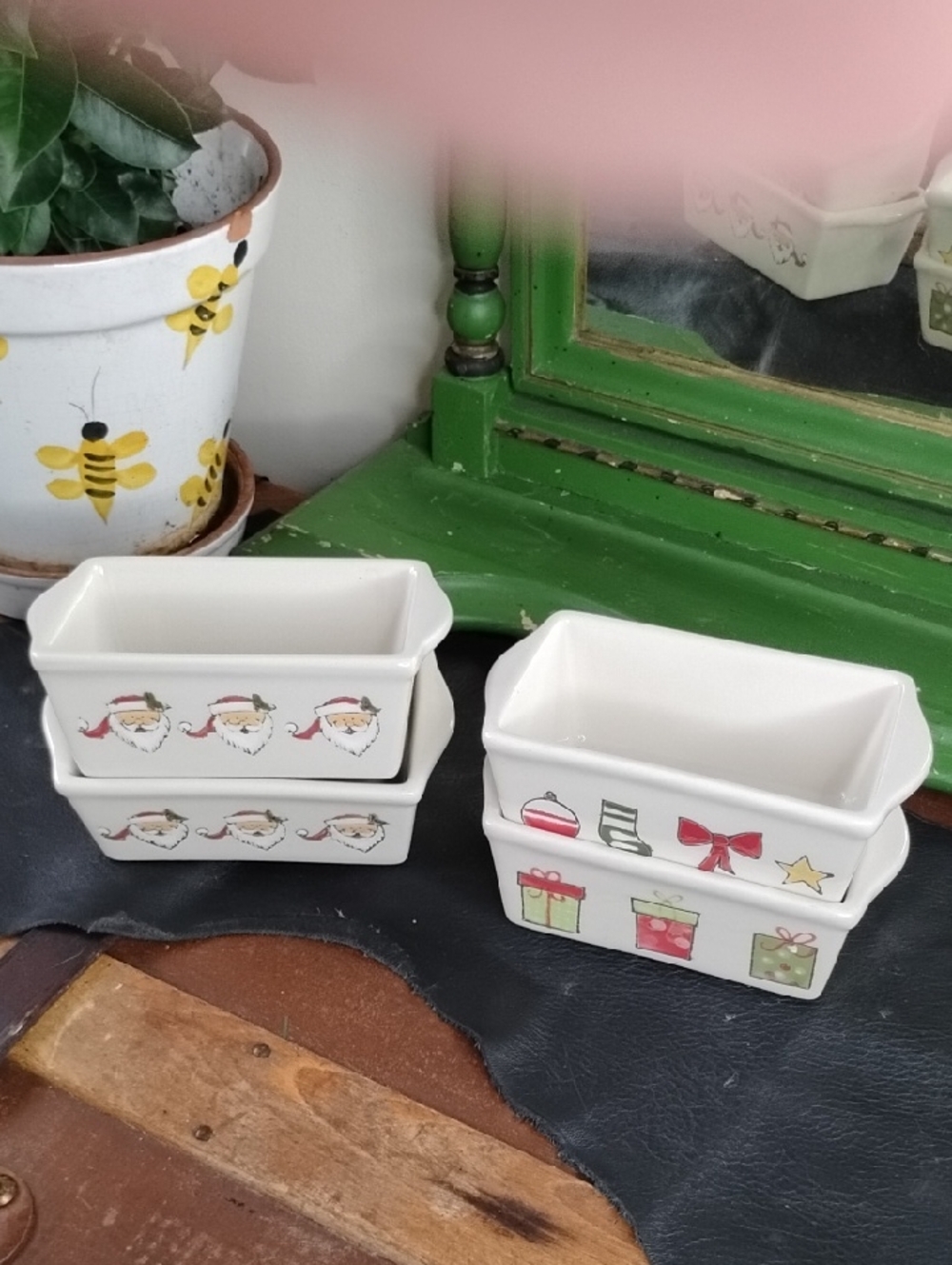 Nantucker Holiday Ceramic Ramekins - White with Festive Santa & Gift Designs